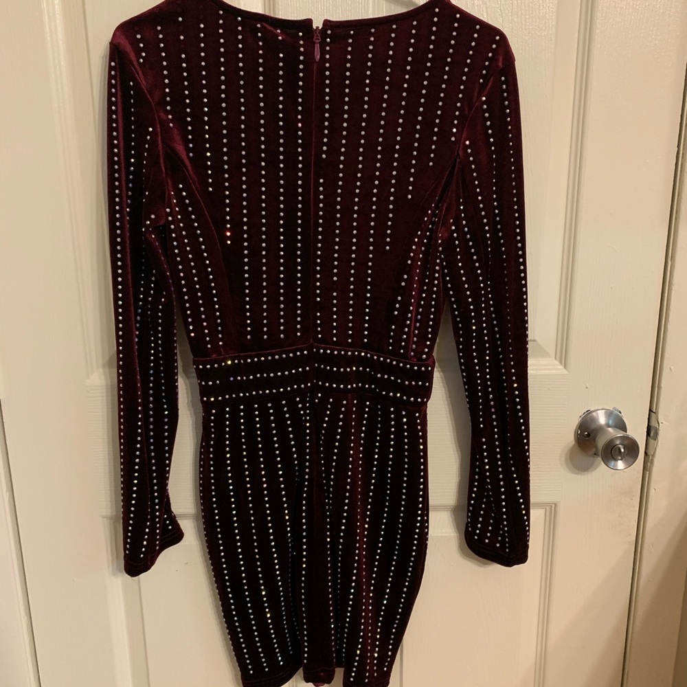 Dark maroon, rhinestone, plunging v neck dress